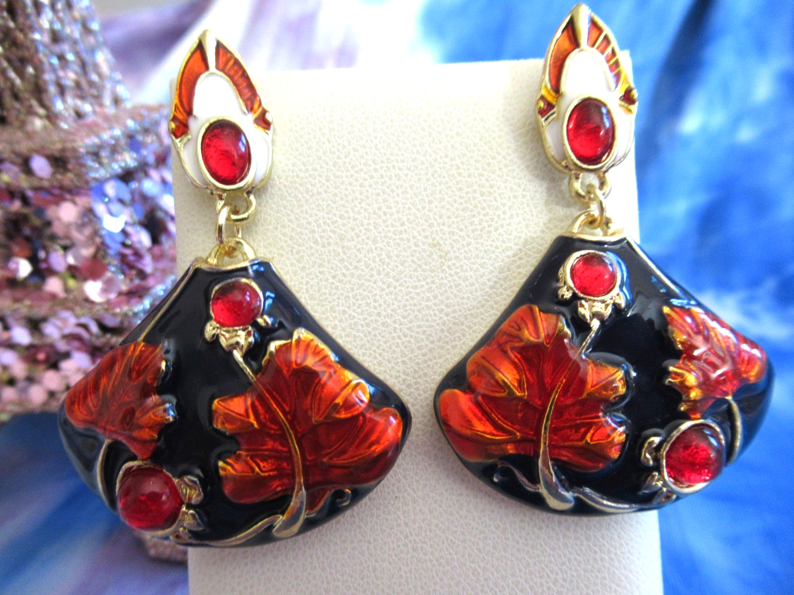 Oriental Style FAN Gold Tone Blue Orange Red Cabochon Beads Fan Style Earrings