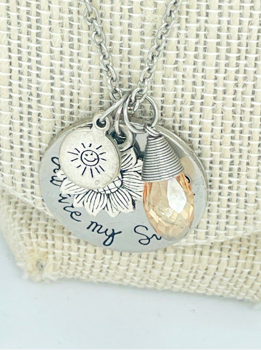 You Are My Sunshine Pendant Necklace Sunflower Peach Crystal Charm 22″