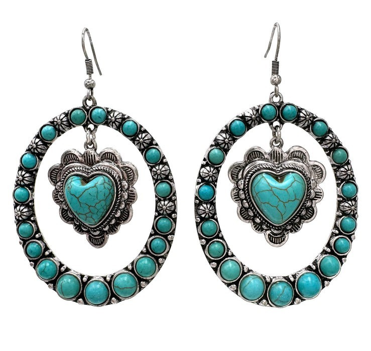 Silver Tone Turquoise Heart Beaded Oval Dangle/Drop Earrings Hook Closure