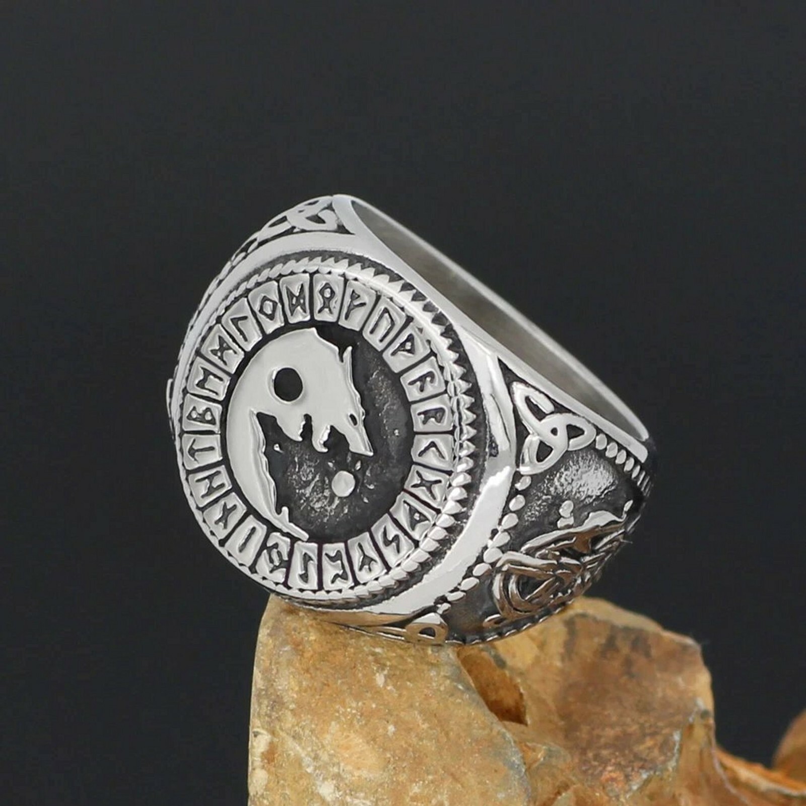 Viking Fenrir Ring Silver Stainless Steel Norse Wolf Signet Band Sizes 9-13