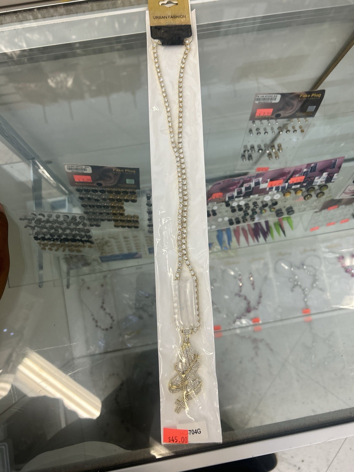 Gold Tone Fully Iced Out Praying Hands Pendant Tennis Chain Necklace