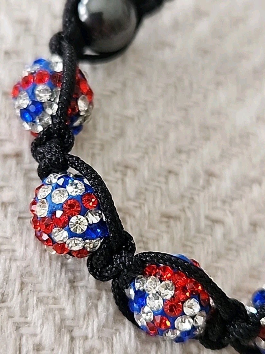 UK United Kingdom Flag Macrame Adjustible Bracelet ~ Crystal Pave Ball Beads