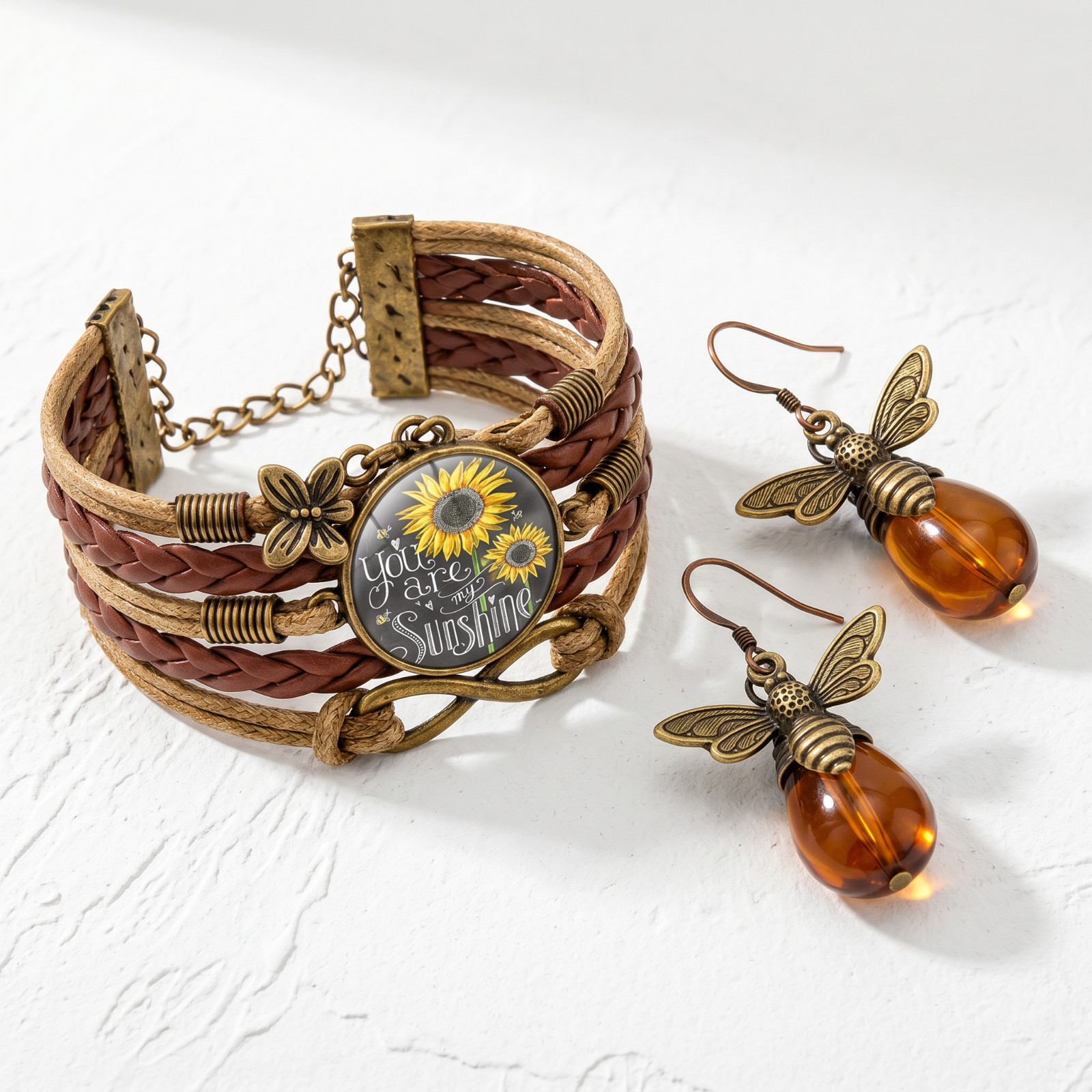 Sunflower Boho Bracelet & Bee Earrings Set Women Gold Tone Vintage Gift Bundle
