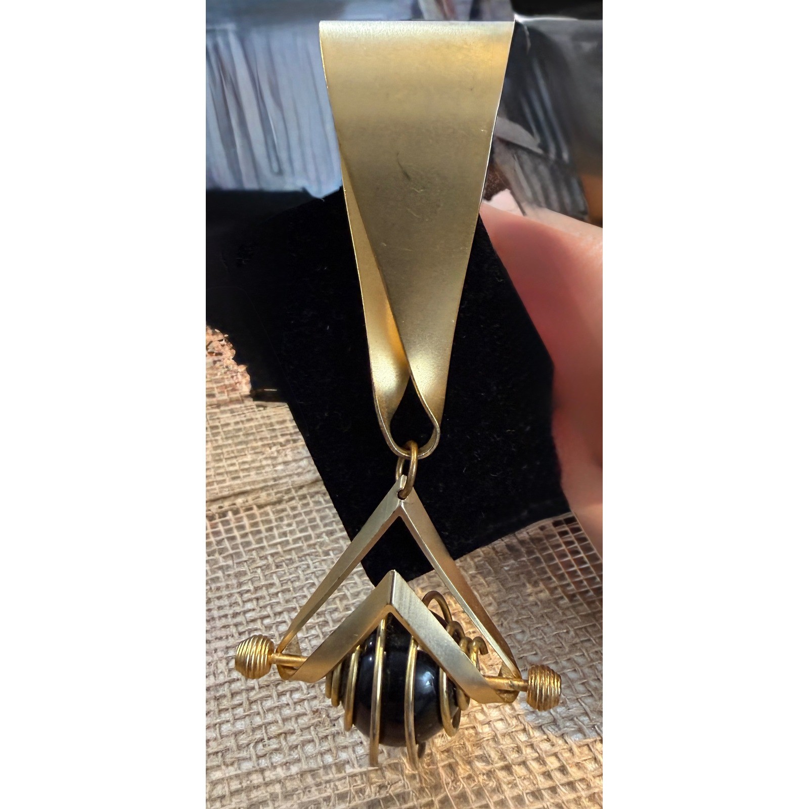 Vintage Geometric Gold Tone Brooch Matte Black Orb Architectural Statement Pin