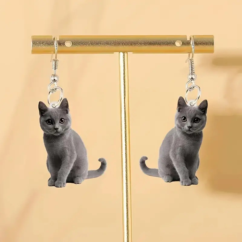 Cat Gray Earrings Jewelry Acrylic Dangle Russian Blue British Shorthair Chartreu