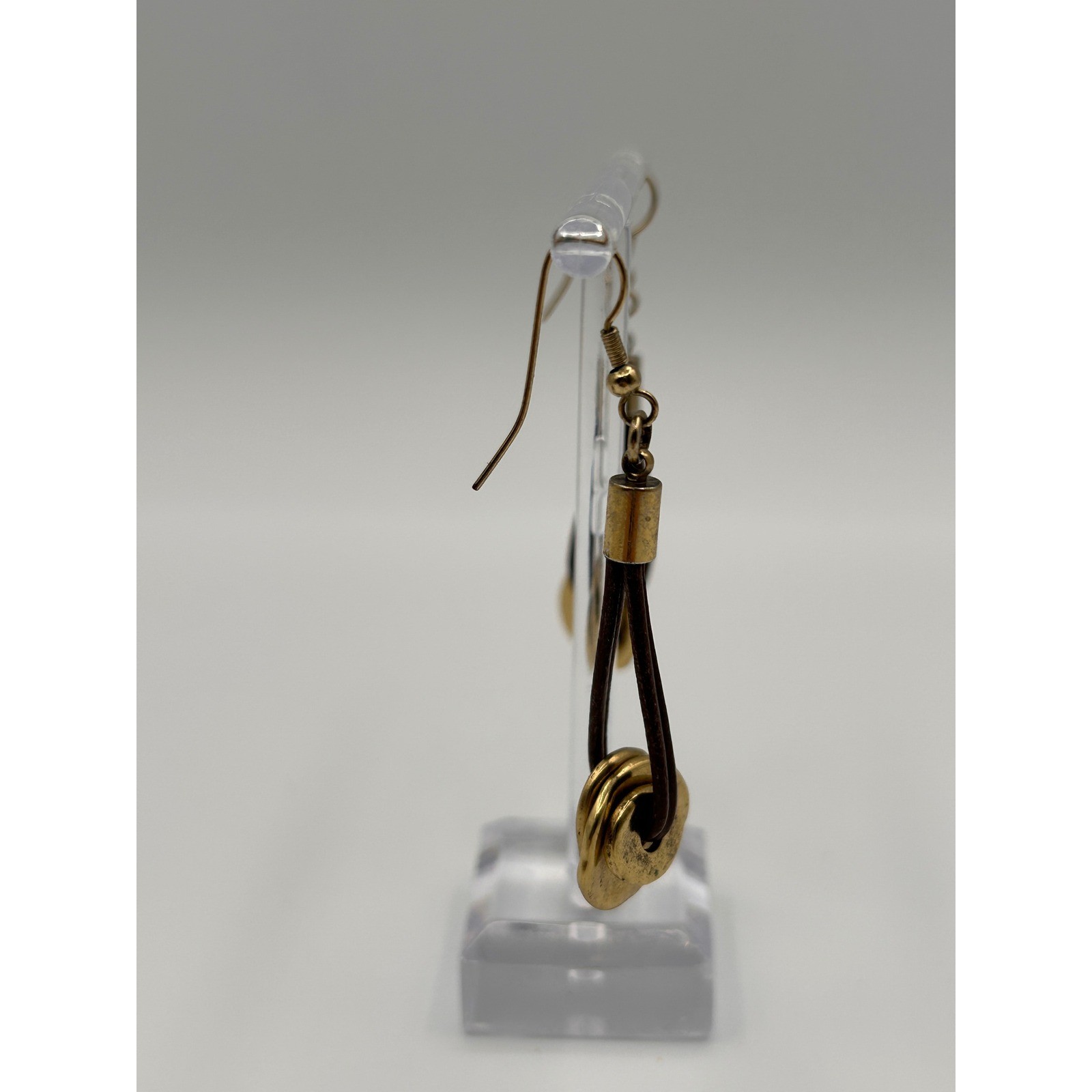 Boho Hammered Gold Tone Disc Brown Cord Drop Dangle Earrings Artisan Style 2″