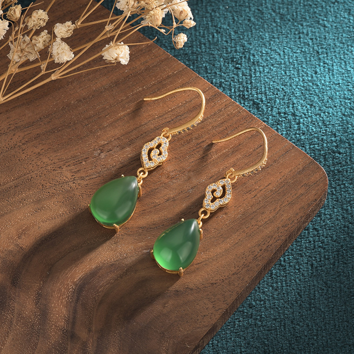 Green Jade Crystal Drop Dangle Earrings Boho Gemstone Ear Hook 18K Gold Plated