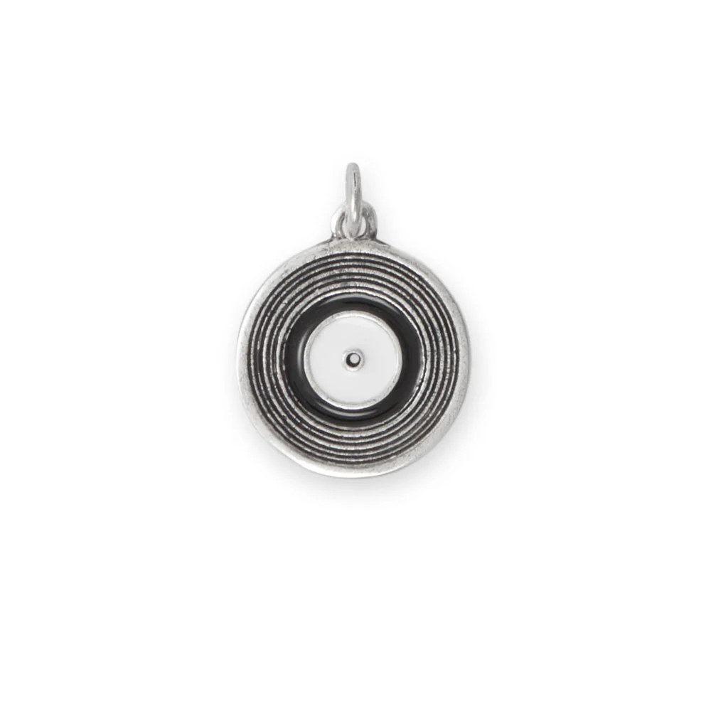 Women’s 925 Sterling Silver Vinyl Record Album Charm with Black and White Epoxy