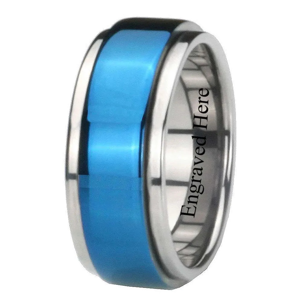 6mm 8MM Titanium Blue IP Moveable Center Wedding Ring Size 4 to 13