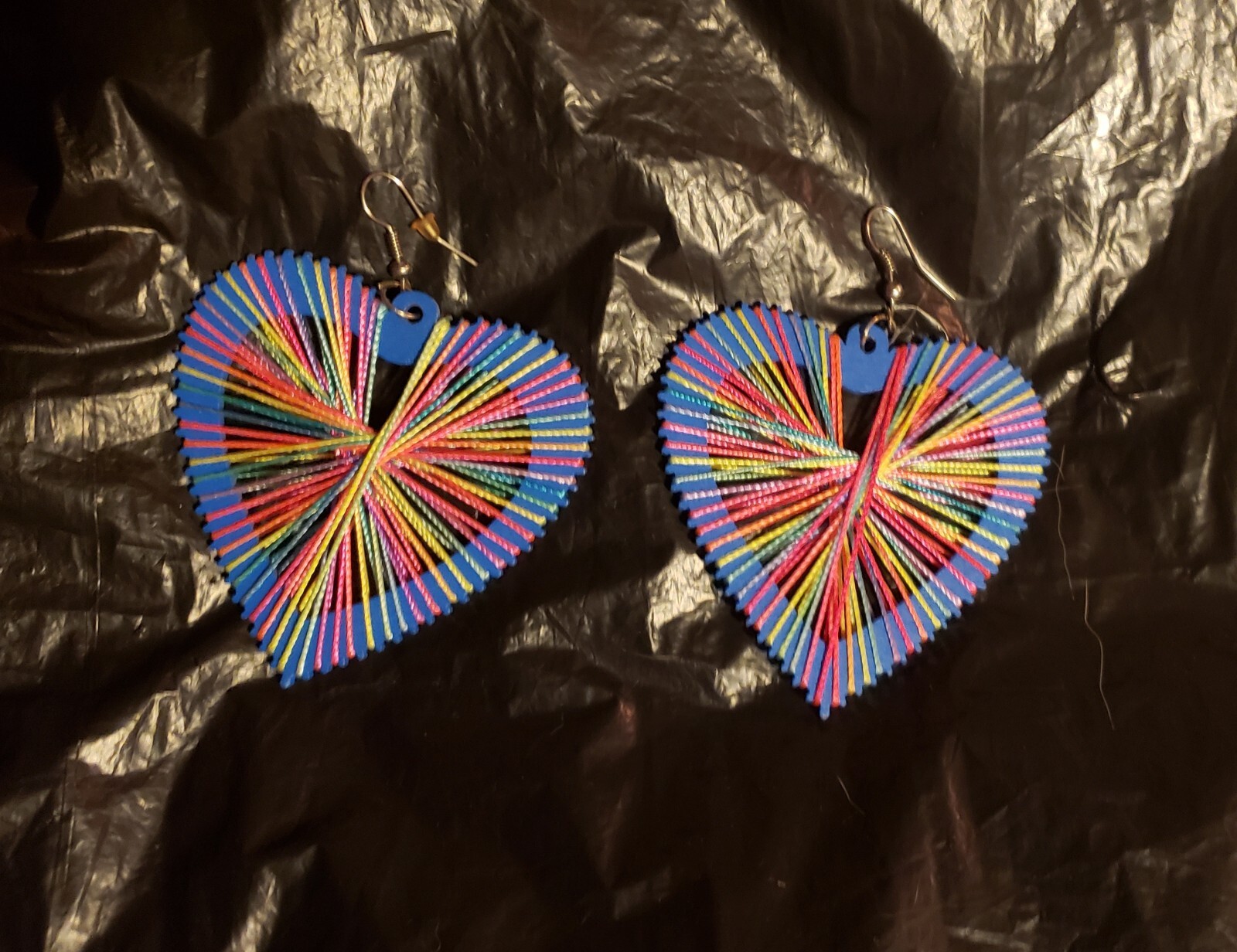 Multicolored String Art Blue Wood Heart Shaped Hook Dangle Earrings, Large