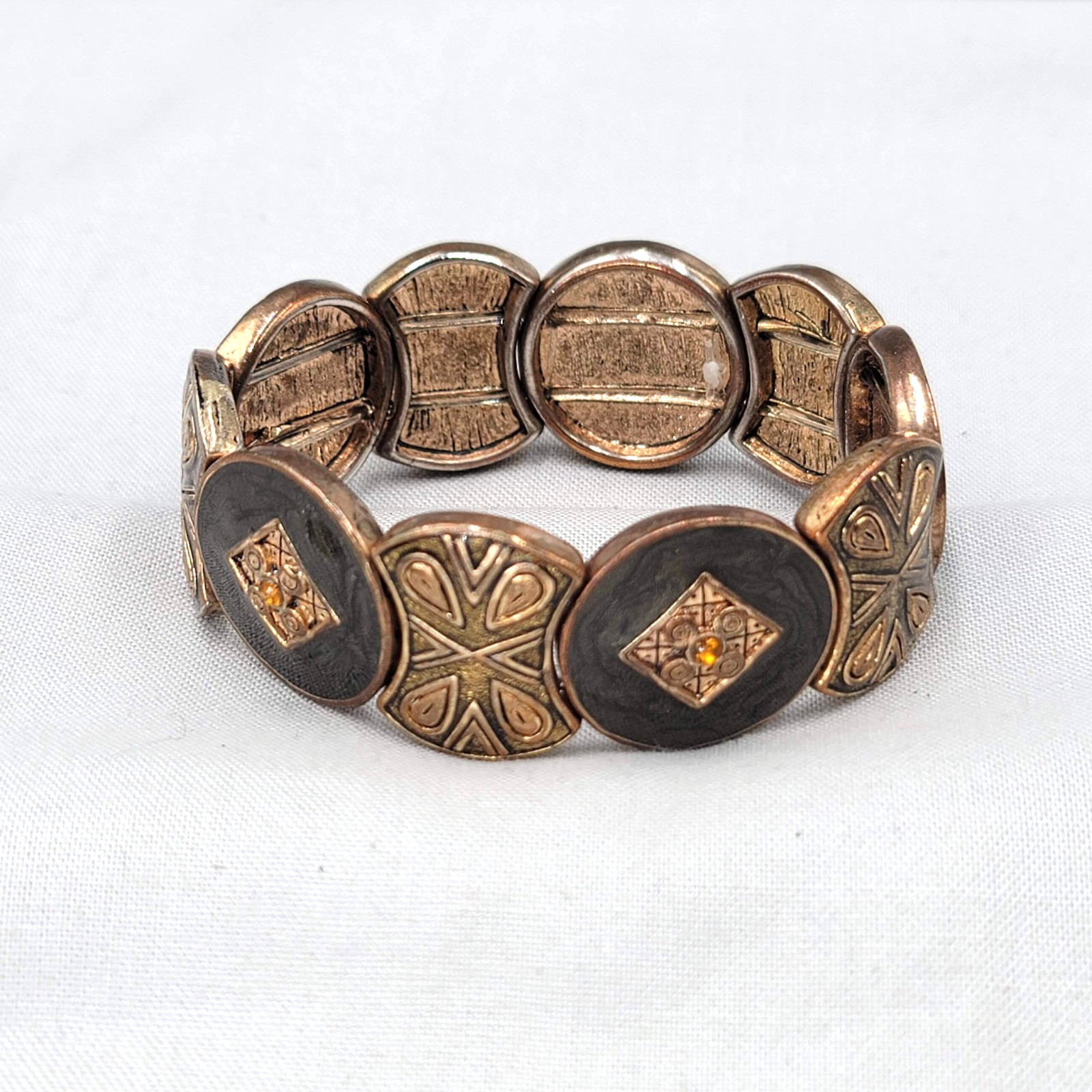 Enamel Medallion Bracelet Bronze tone Elastic 6.25″