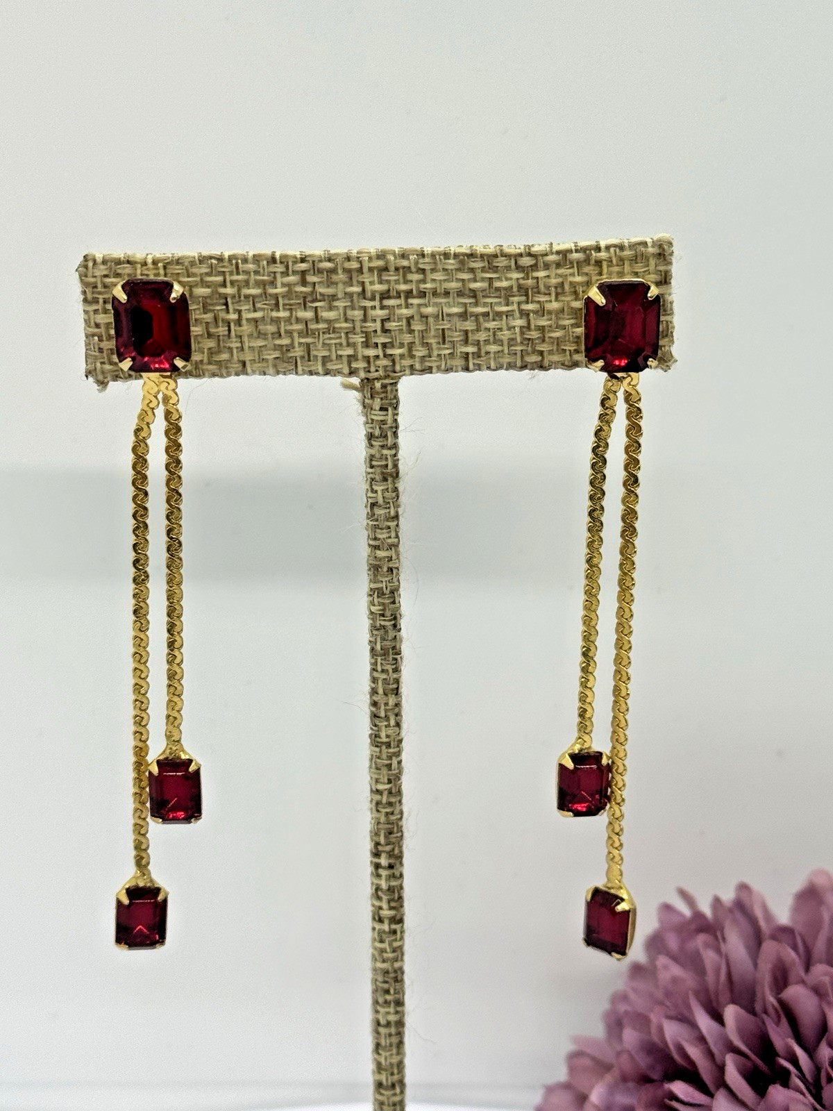 Red Rhinestone Dangle Earrings 3″ Gold Tone Formal or Casual Prom Party