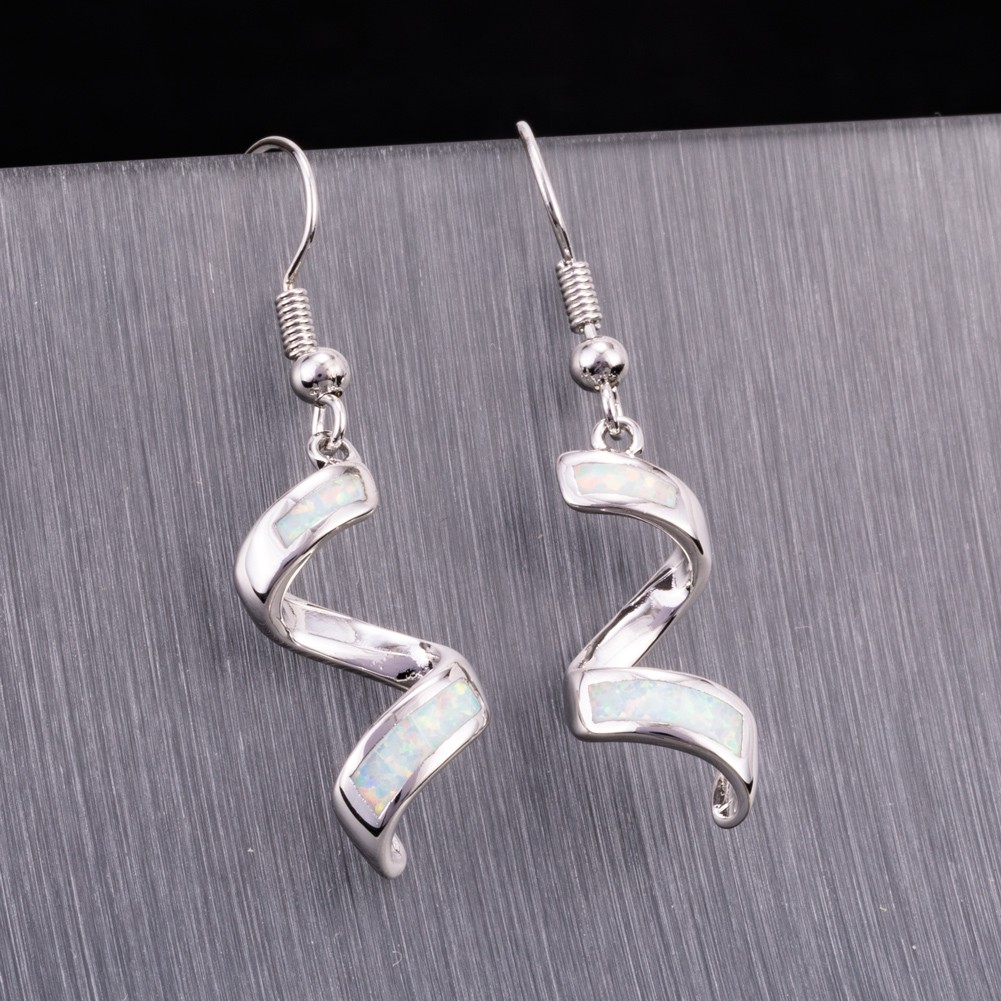 Twist Spiral White Fire Opal Silver Jewelry Dangle Drop Earrings
