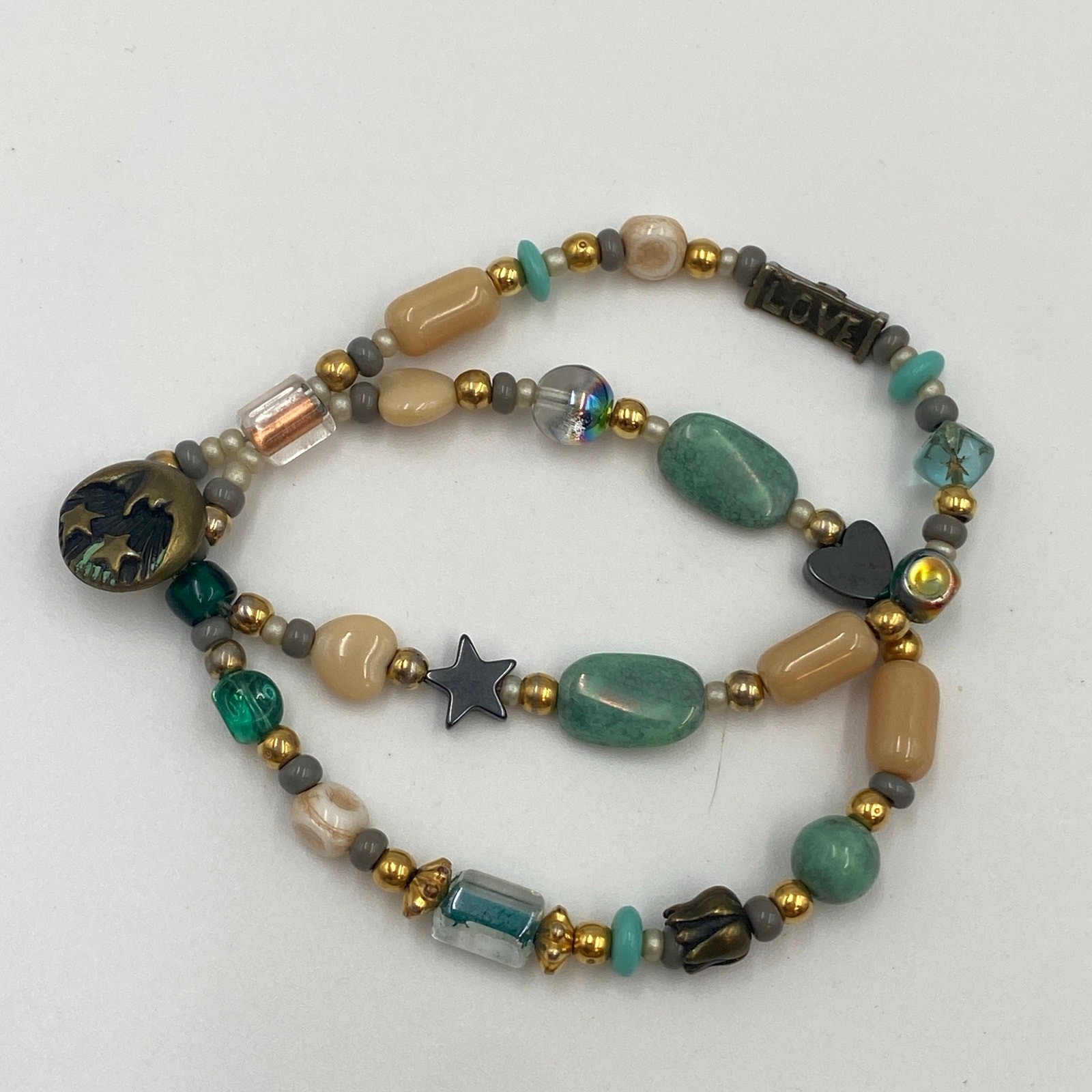 Beautiful Double Strand Bracelet, Earth Tone I Love You Half Moon Stars Bracelet