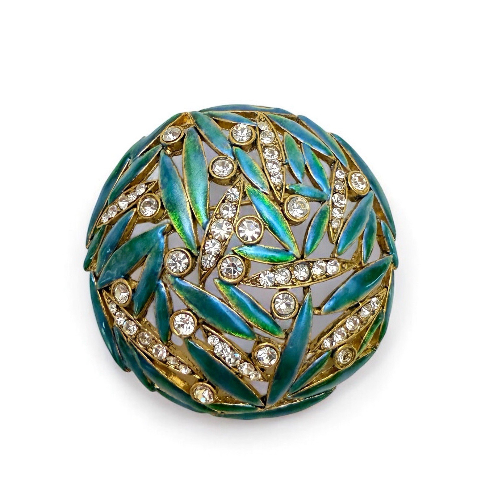 Kenneth Jay Lane KJL Aqua Teal Enamel Clear Rhinestone Leaves Round Brooch Pin