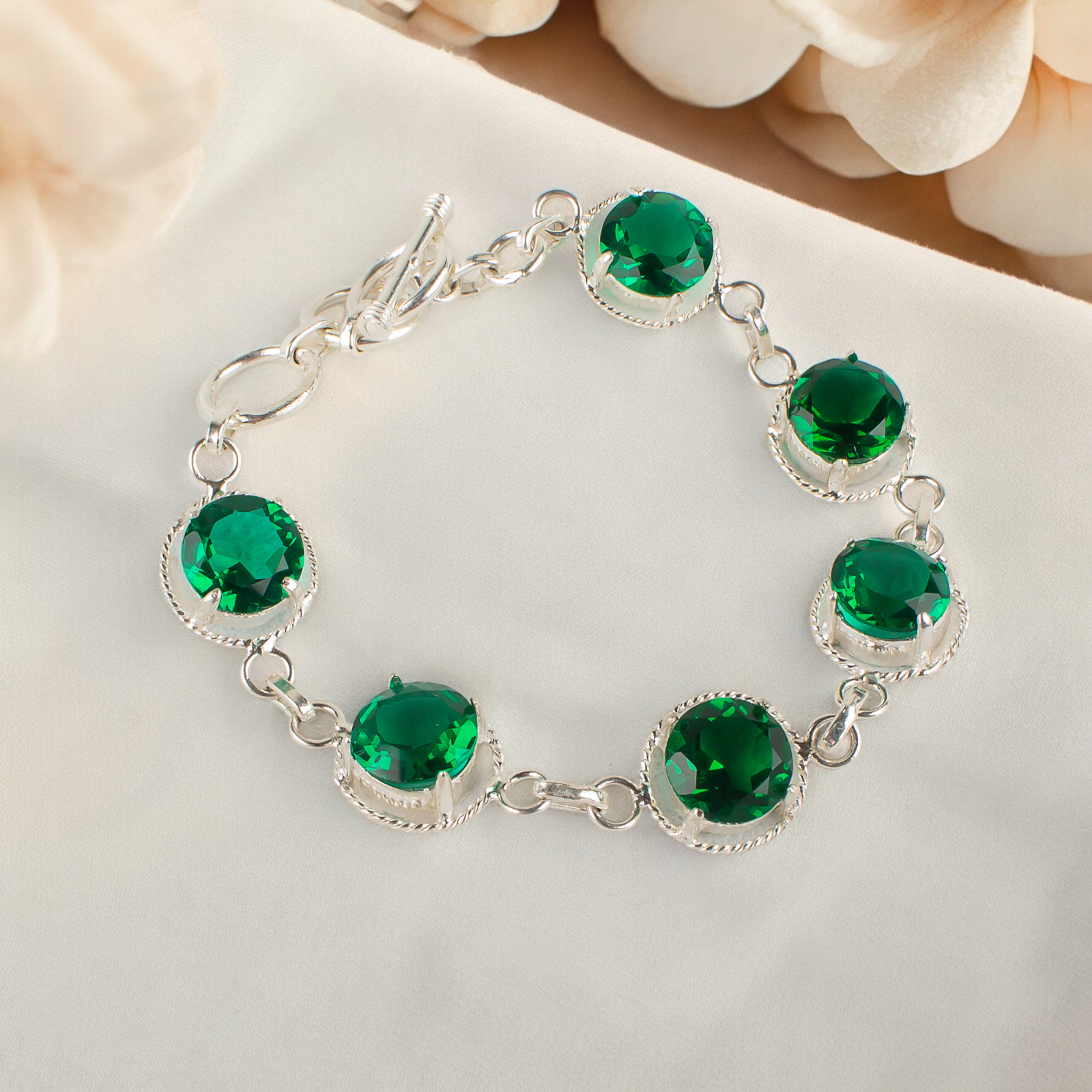 Emerald Gemstone Jewelry Sterling Silver Handmade Elegant Bracelet 7.8″For Women