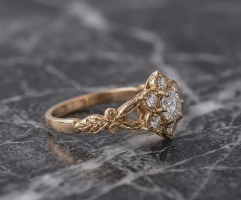 Vintage Floral Halo CZ Engagement Ring 925 Sterling Silver Promise Ring For Her.