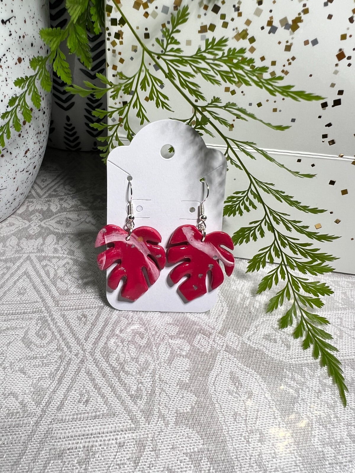 MONSTERA CLAY EARRINGS HANDMADE, GLAZED GREAT GIFT IDEA (SELECT FROM PHOTOS) #2