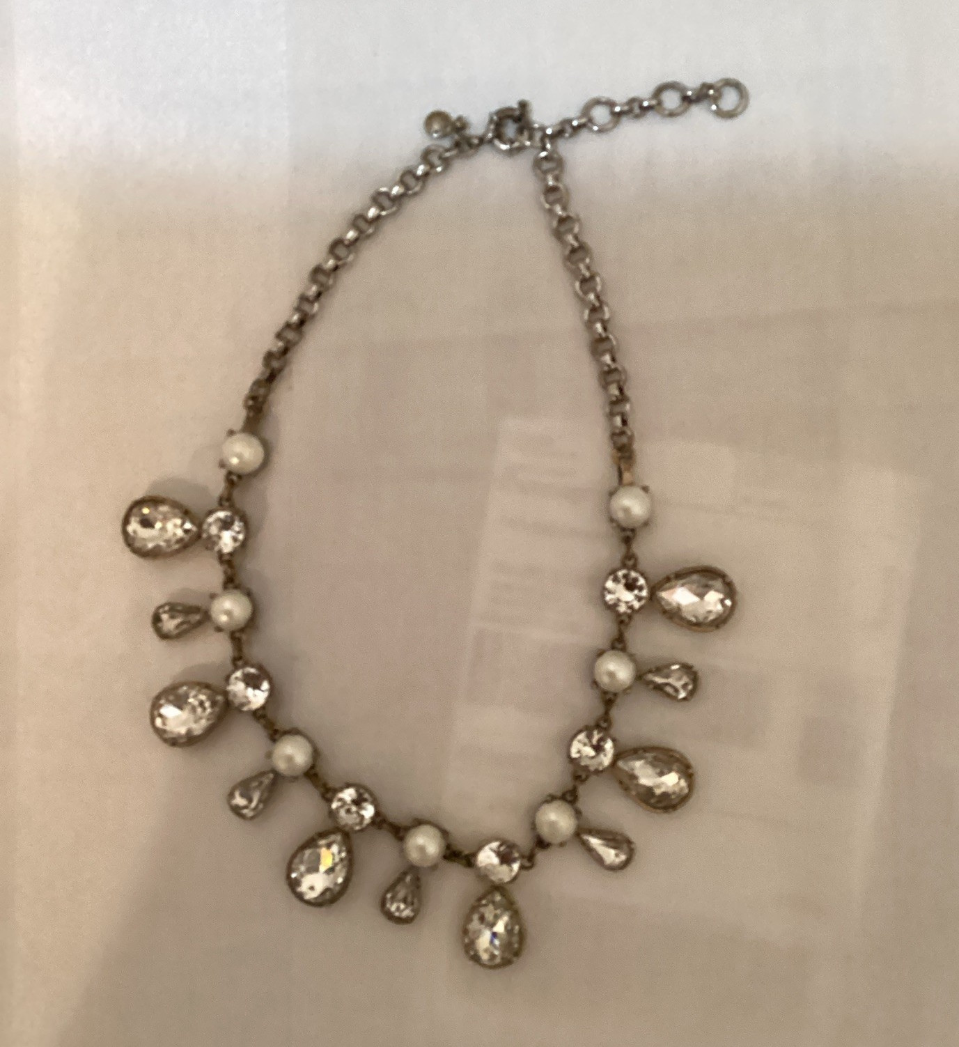 Statement Bib Necklace Silver Tone Faux Pearl Clear Teardrop Crystal Adjustable