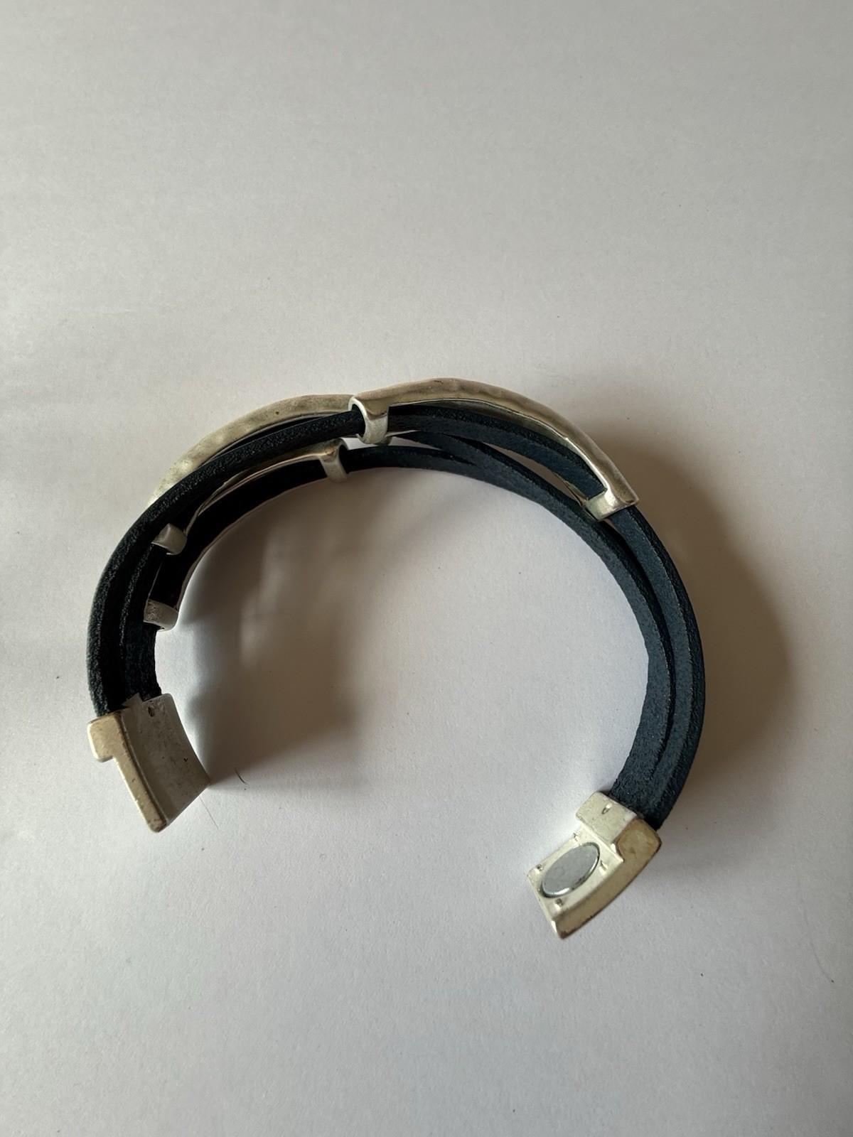 Triple Wrap Faux Leather Bracelet W/Antique Silver Tone Metal Accents Magnetic