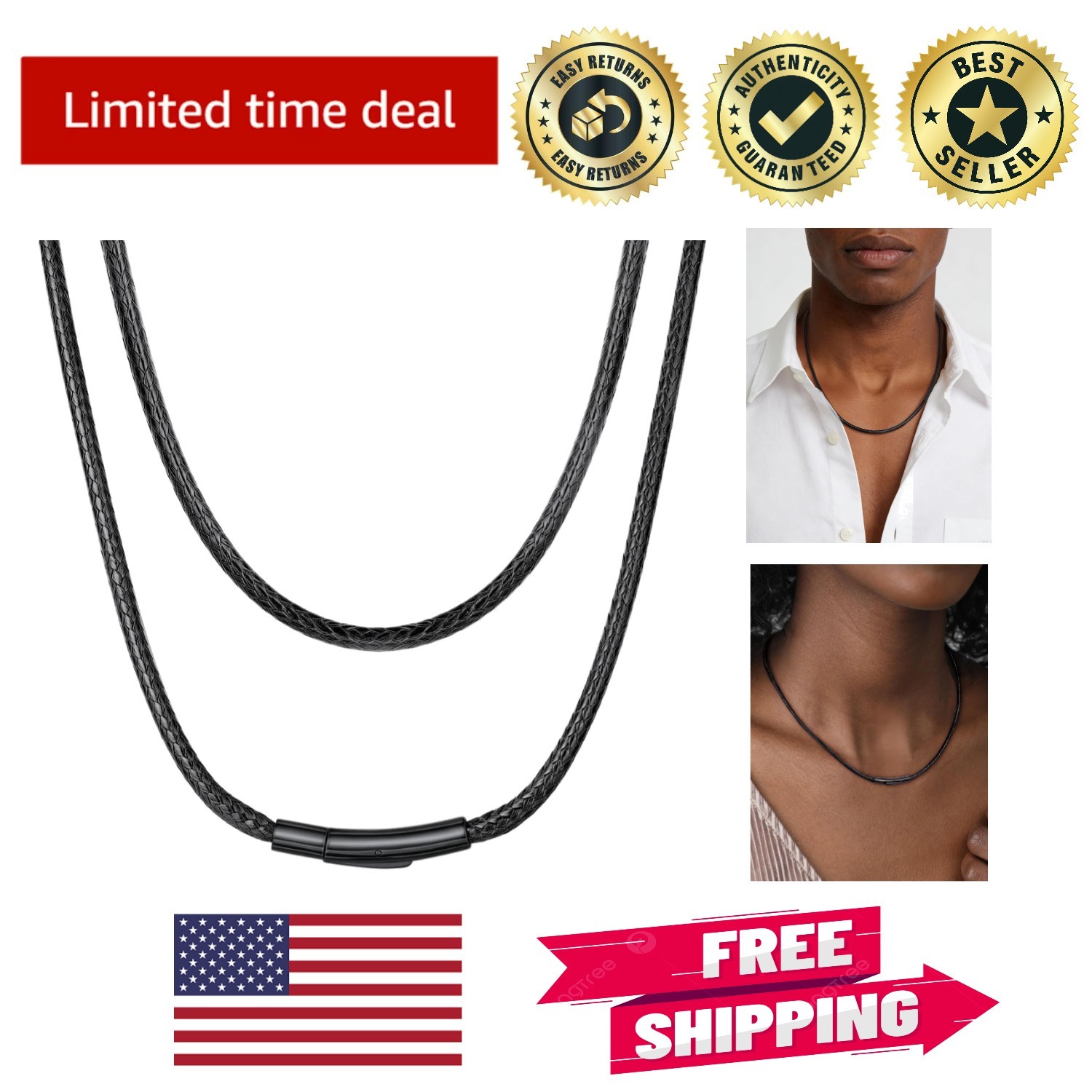 Versatile Braided Leather Necklace with Push-Button Clasp – 16 to 30 Inch Length