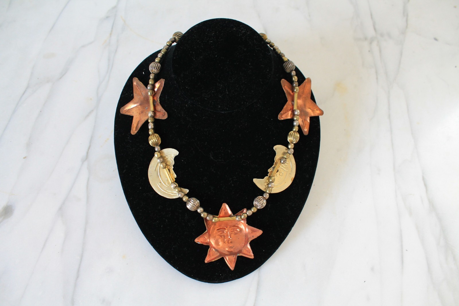 Vintage Handmade Sun Moon & Stars Necklace Celestial Brass Boho Chunky