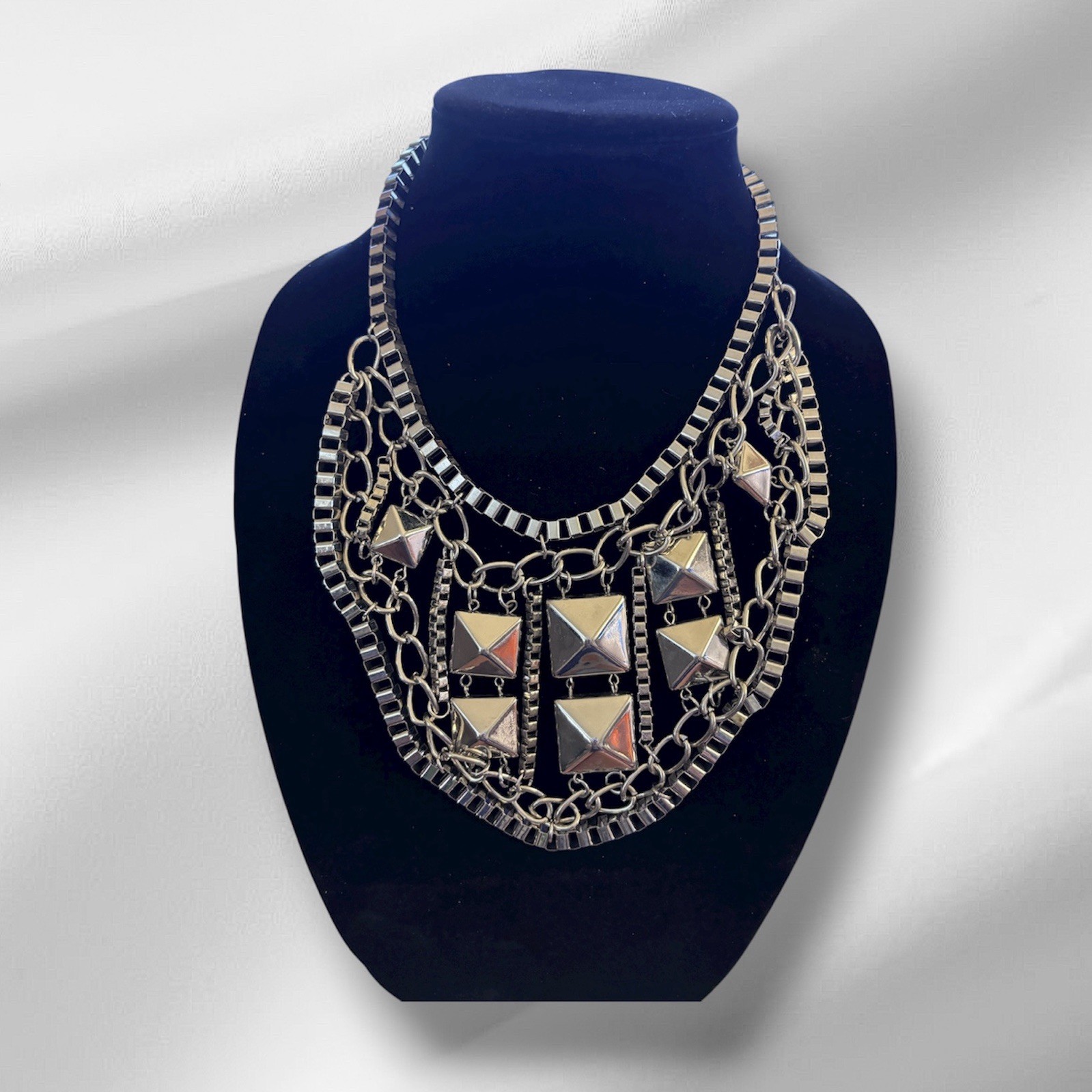 Bib Necklace Silver Tone Multi Chains Punk Gothic Draping Large Geometric Studs