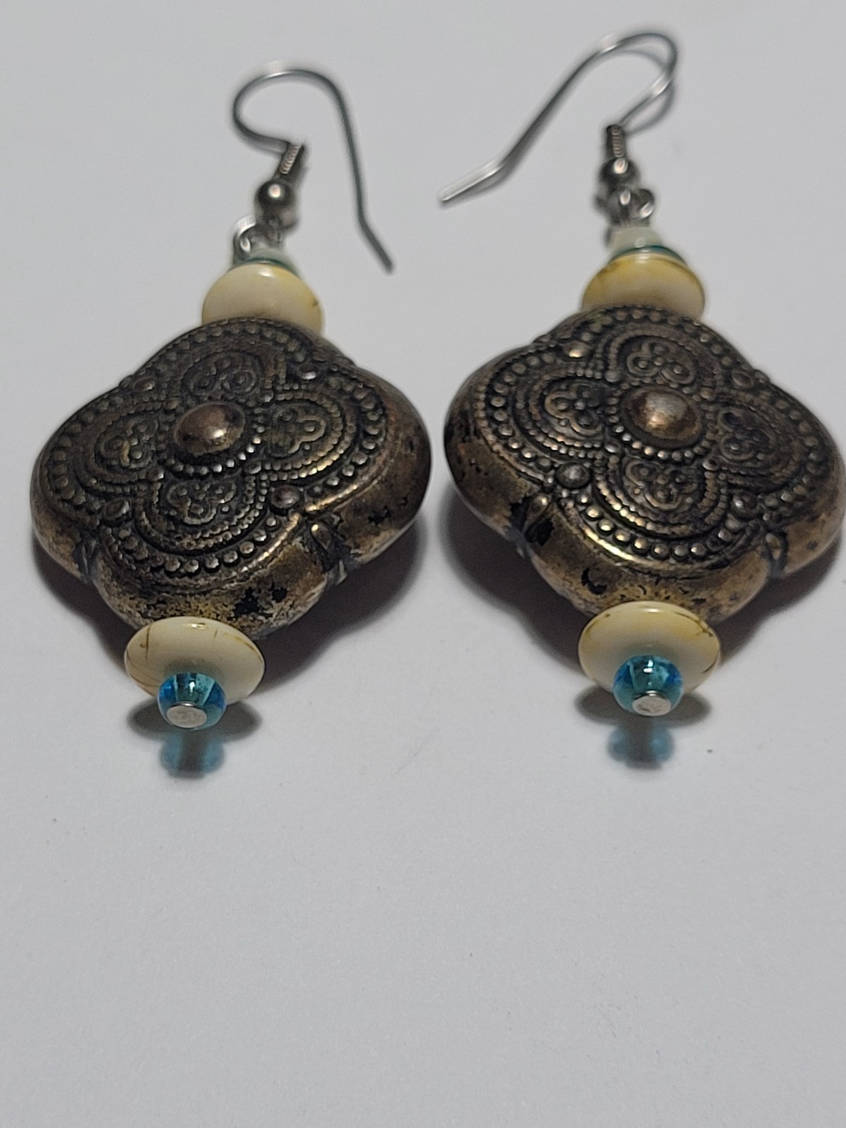 Bronzetone Boho Tribal Style Quatrefoil Clover Dangle Beaded Statement Earrings