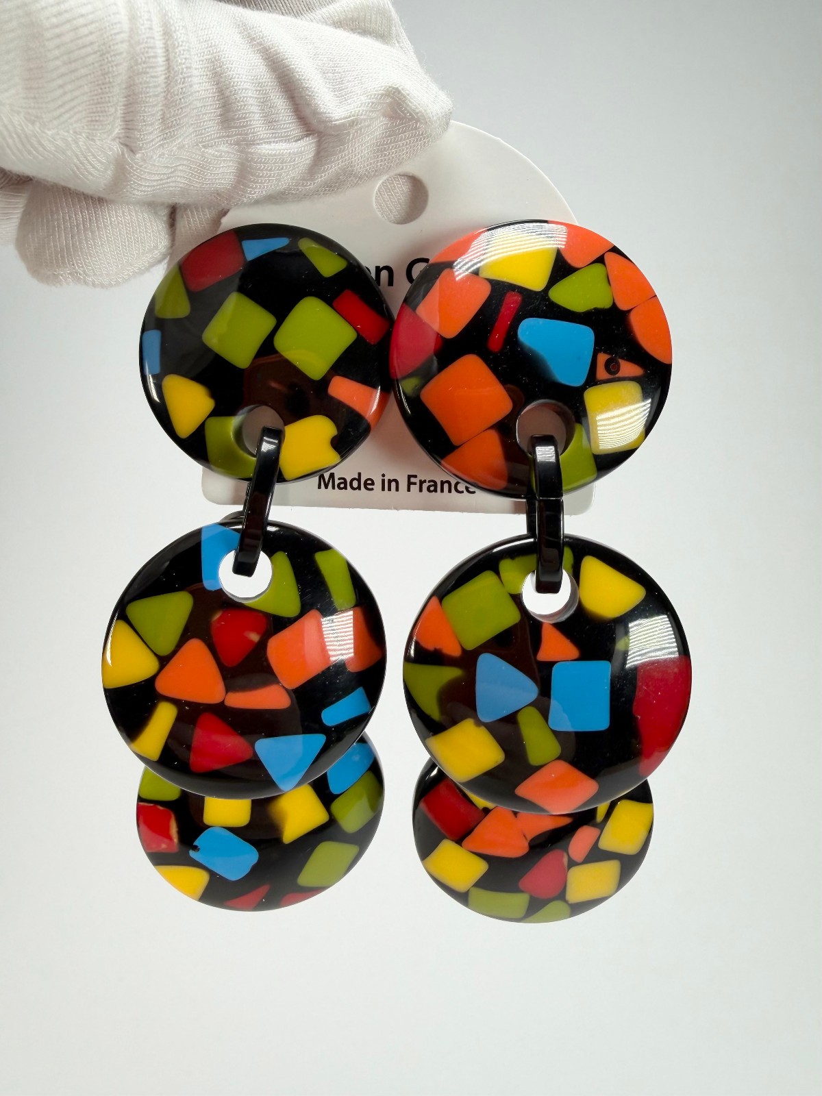 Marion Godart Confetti “Pendentif Triple Art Deco Pendant Resin Clip On Earrings