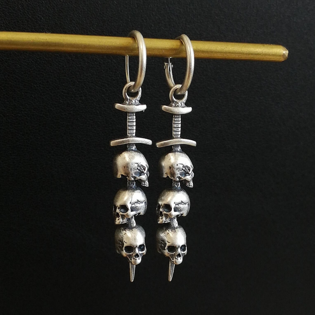 925 Sterling Silver Three Skulls on Sword on Small Hoop Earrings Gothic Unique