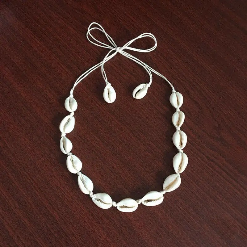 Cowrie Shell Choker Boho White String Necklace Surfer Beach Conch Puka, Hawaiian