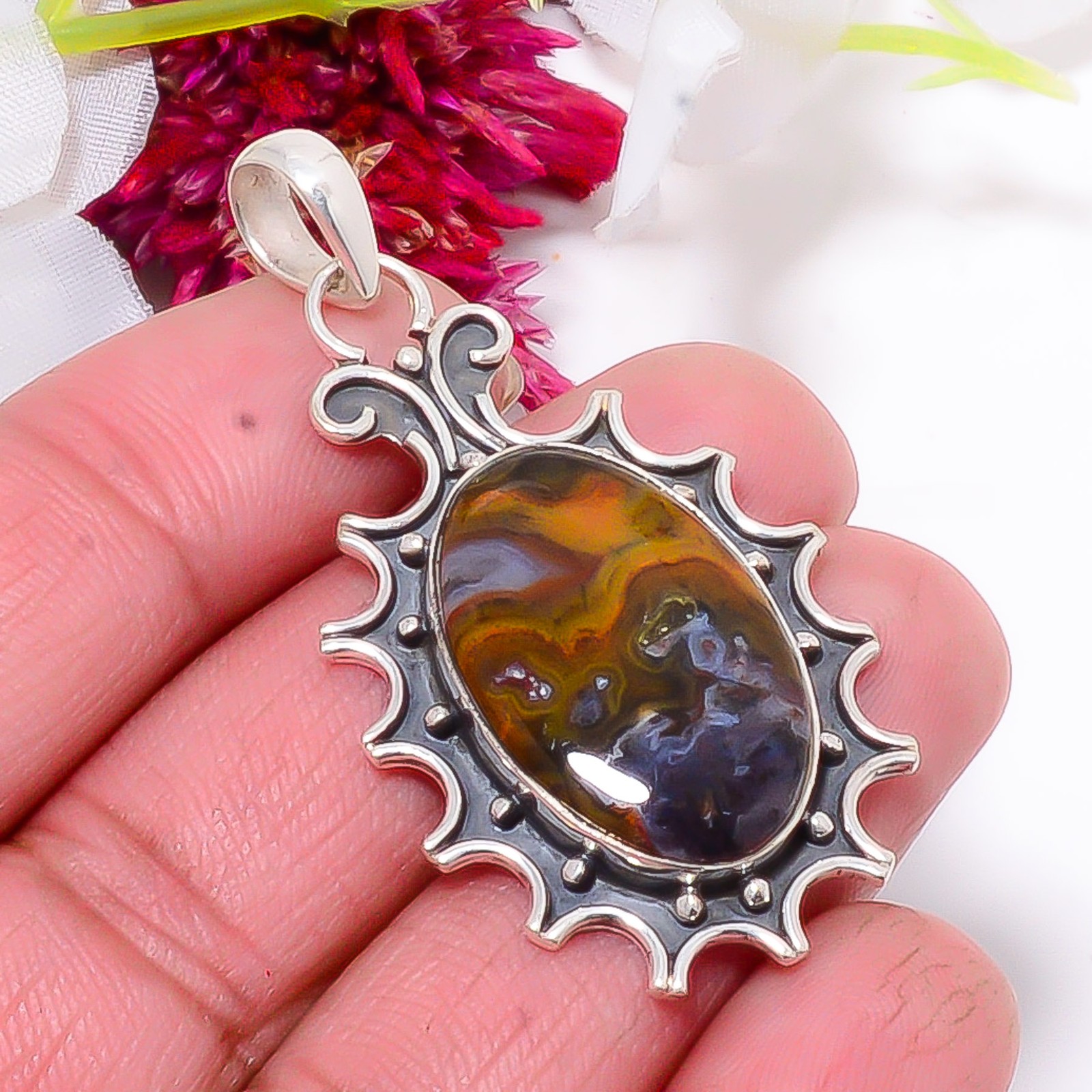 Turkish Stick Agate – Turkey Oxidised 925 Sterling Silver Pendant 1.95″ sku24