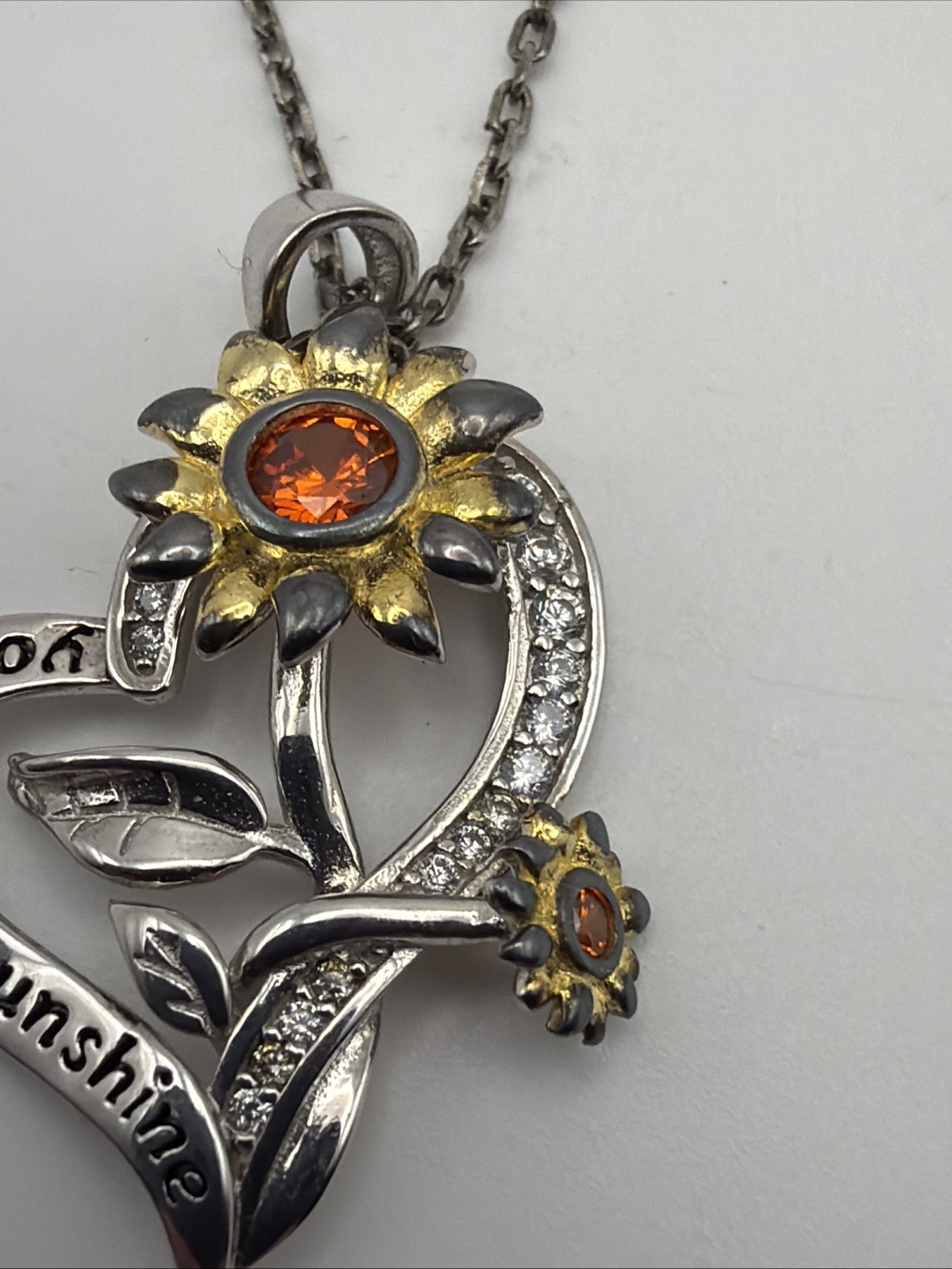 925 Sterling Silver You Are My Sunshine Heart Sunflower Pendant Chain Necklace￼