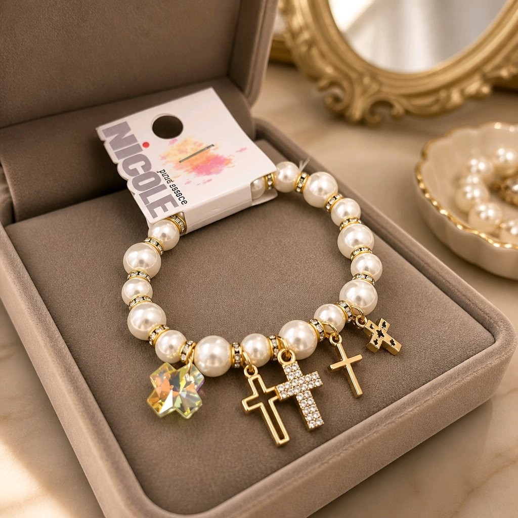 Religious Cross Charm Faux Pearl Stretch Bracelet Crystal Star Gold Silver NEW