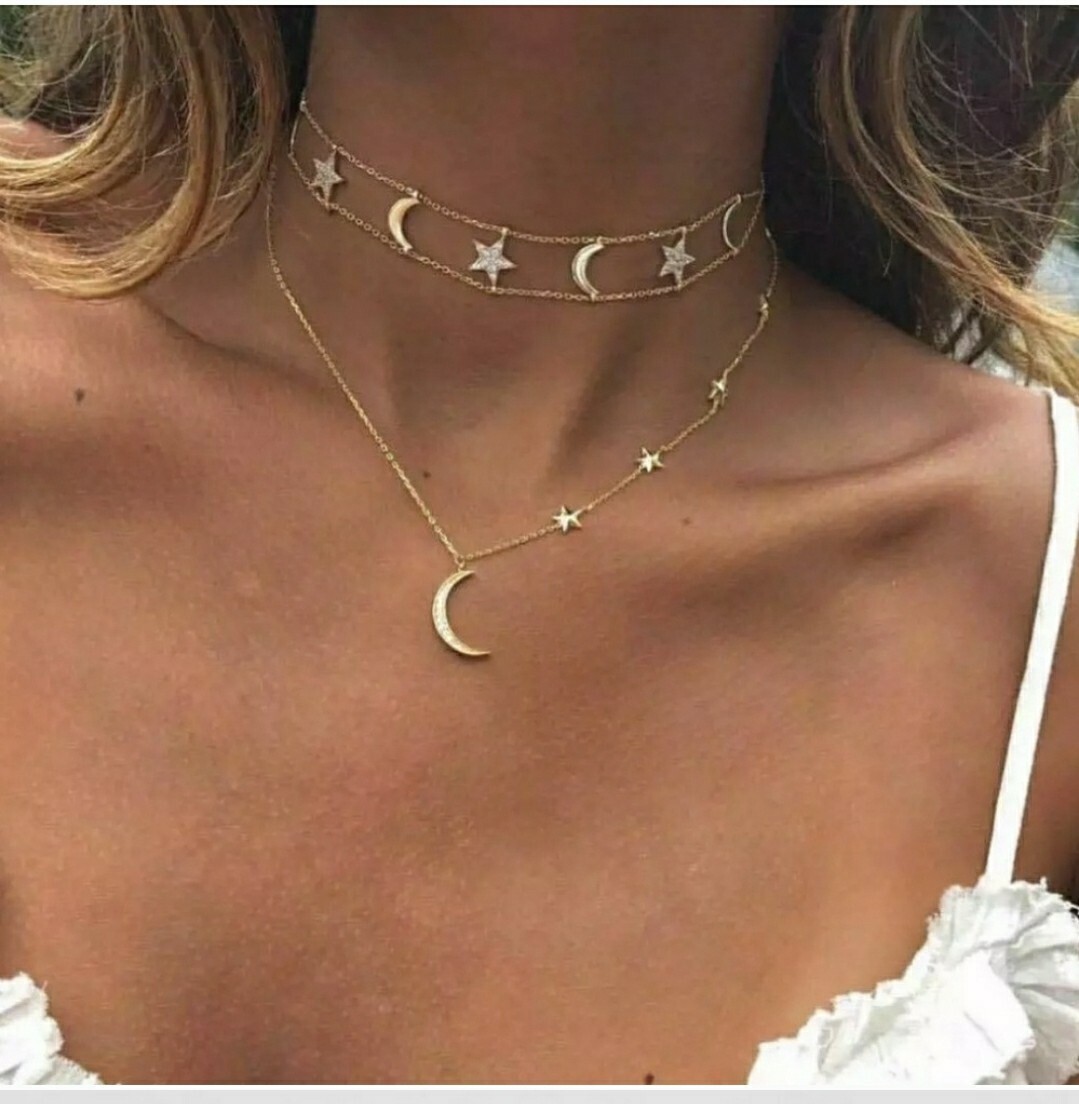 Multilayer Moon Stars Necklace Gold Color Chocker Sexy Fashion
