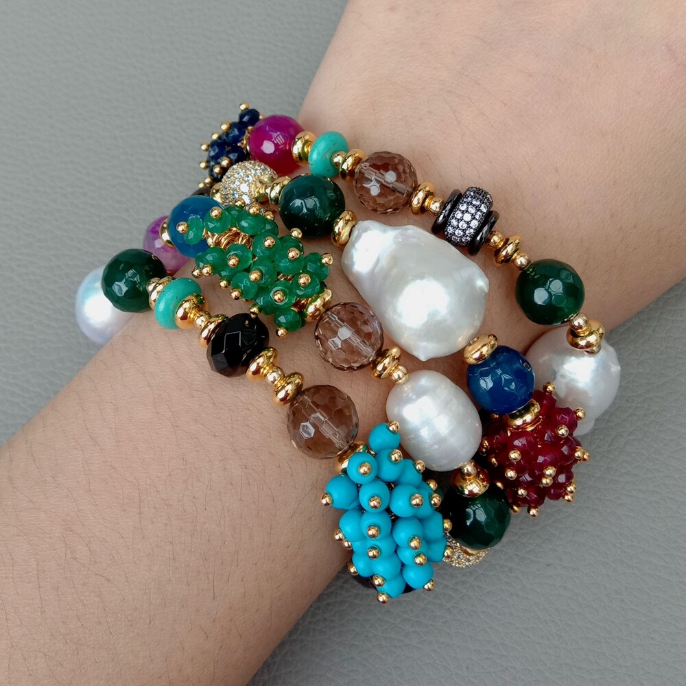 8” 4 Strands Cultured White Keshi Pearl Agate Jade Turquoise Cz Bracelet
