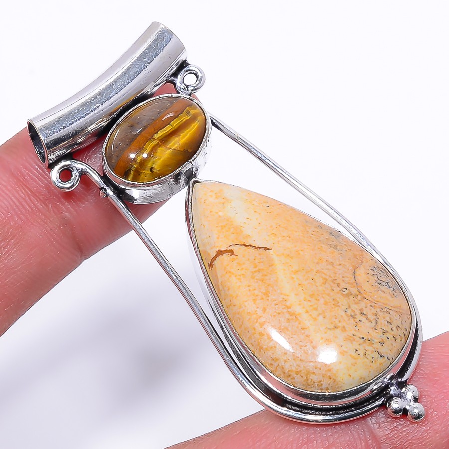 Natural Picture Jasper & Yellow Tiger Eye 925 Silver Plated Pendant 2.30″ P300