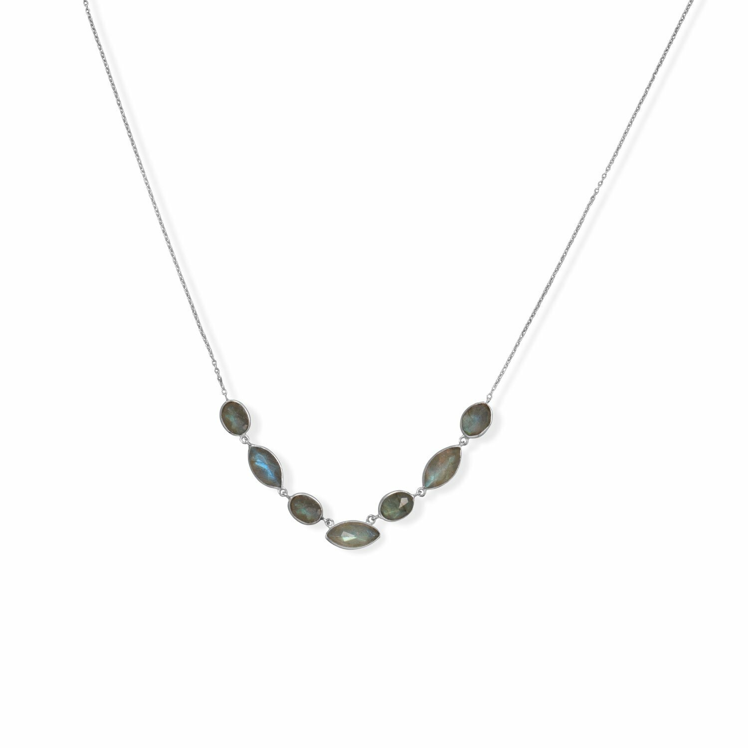 16″+2″ Rhodium-Plated Multi-Shape Labradorite Necklace 925 Sterling Silver