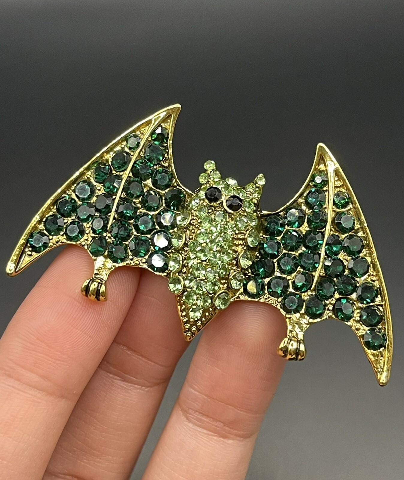 Gold Tone Flying Bat Green Rhinestone Brooch Pin