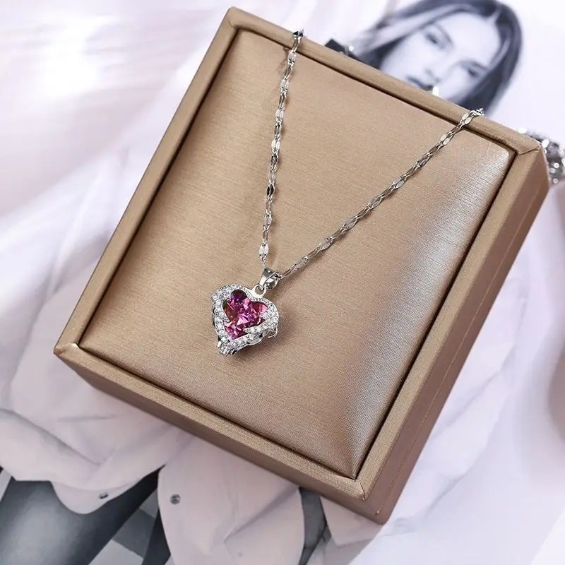 1pc Colorful Crystal Ocean Heart Necklace Women Stainless Steel Chain – NEW