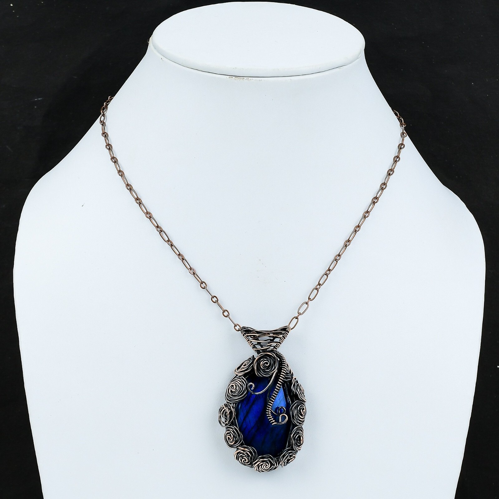 Blue Fire Labradorite Copper Gift For Mum Wire Wrapped Flower Pendant 2.56″