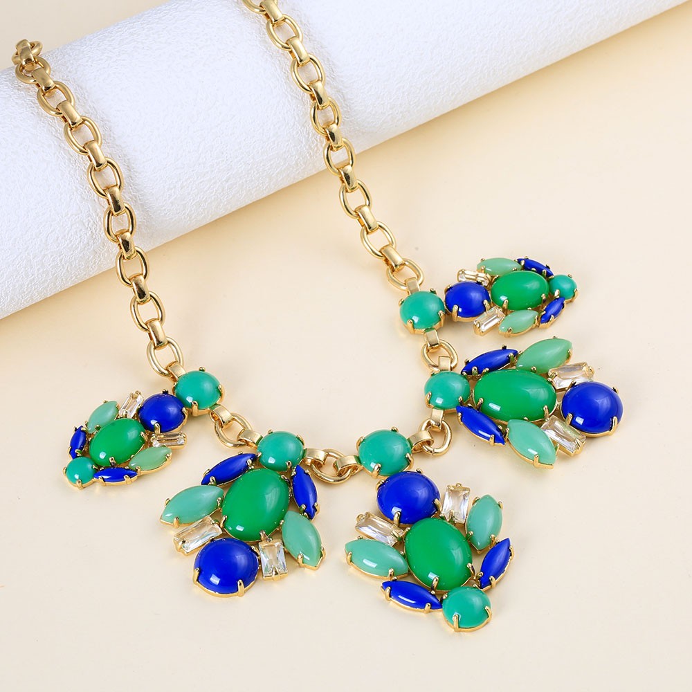 18K Gold Plated Brass Floral Bib Necklace Hand Set Color Resin Gem Short Choker
