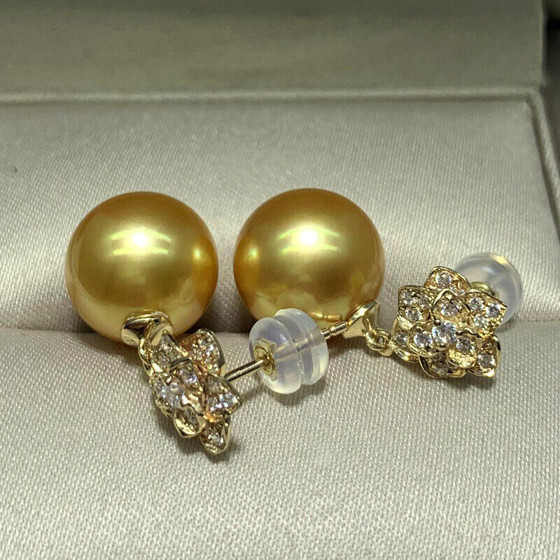 Gorgeous AAAAA 10-11mm Round south sea Golden pearl earring 925s
