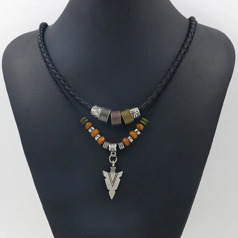 Layered Leather & Beaded Necklace – Vintage Tribal Arrow Pendant for Men