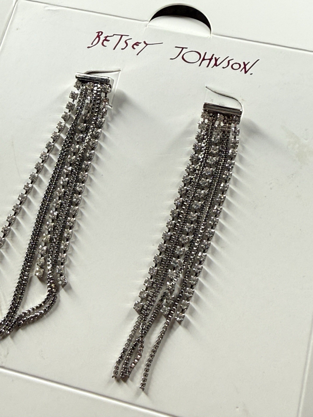 Betsey Johnson Silver Tone Round Crystal Chain Fringe Dangle Earrings Post