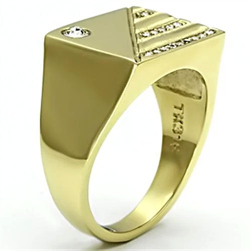 Men’s Pyramid Ring, Clear Top Grade Crystal, 14K Gold Plated, Stainless Steel