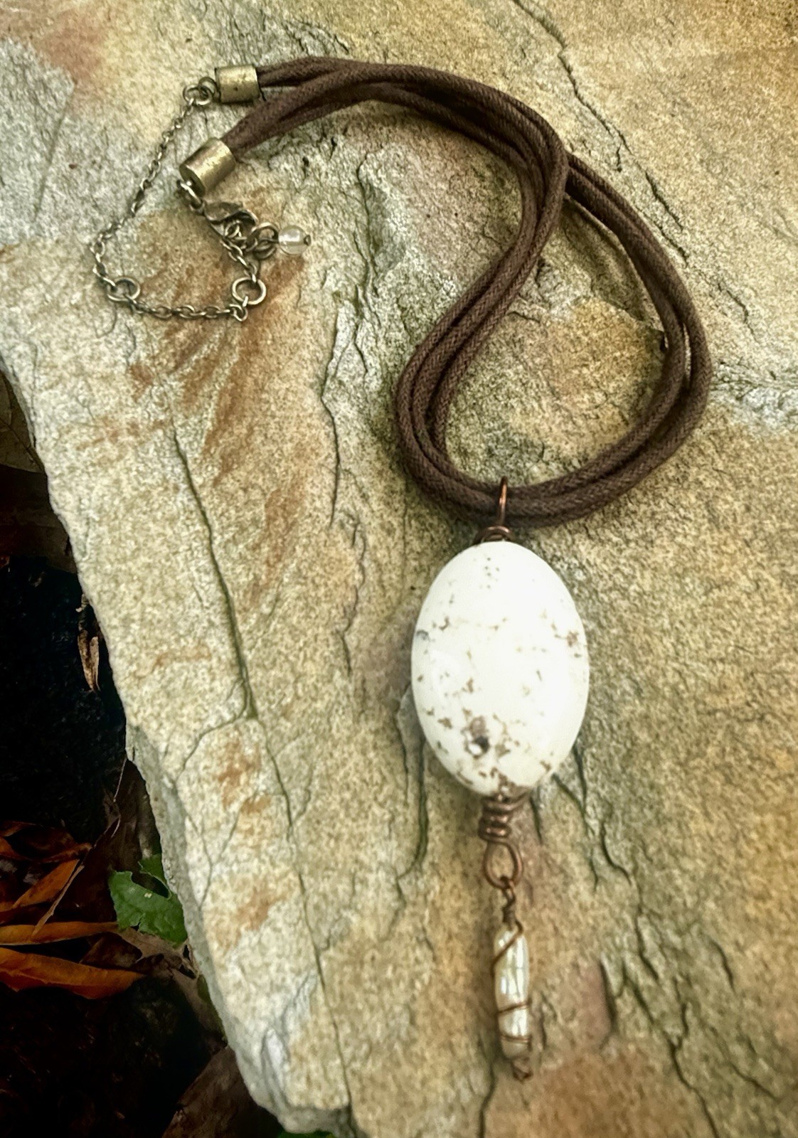 Handcrafted Wire Wrapped White Howlite Stone Cord Necklace