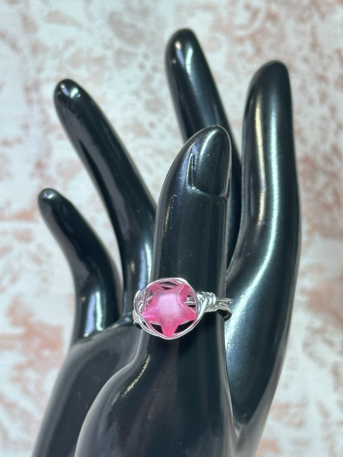 Silver Tone Wire Wrapped Cocktail Ring w/ Pink Star Stone Size 7 Handmade