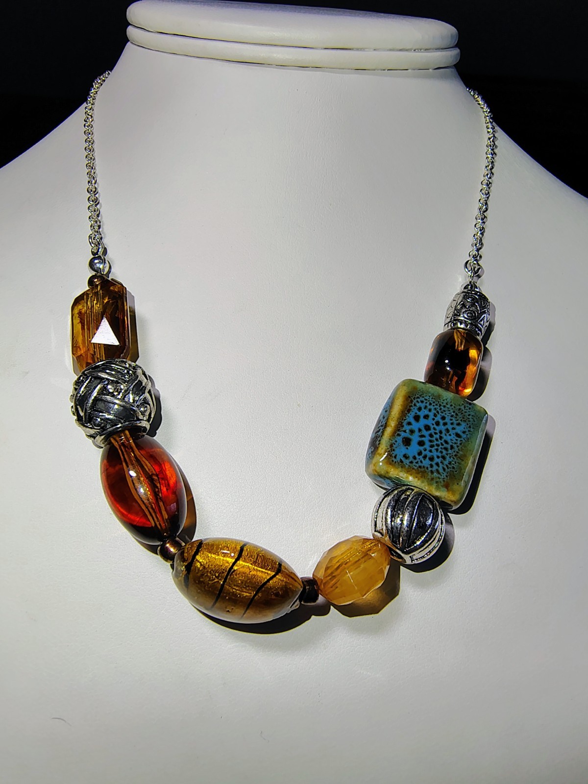Artisan Statement Necklace Turquoise Ceramic SAQ Murano Style Glass Boho Chunky