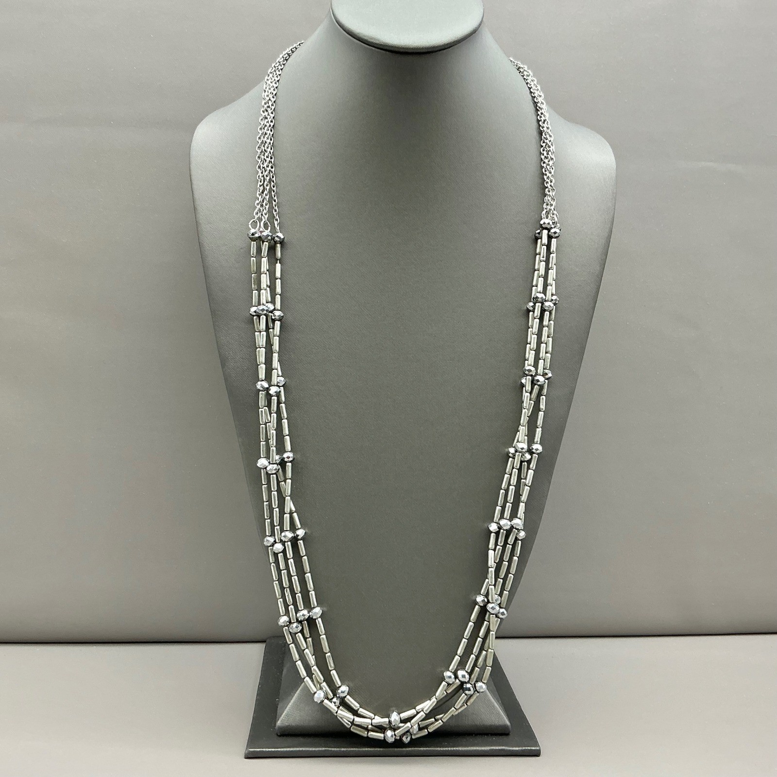 Chico’s Necklace Multi Strand Silver Tone Beaded Layered Statement Adjustable